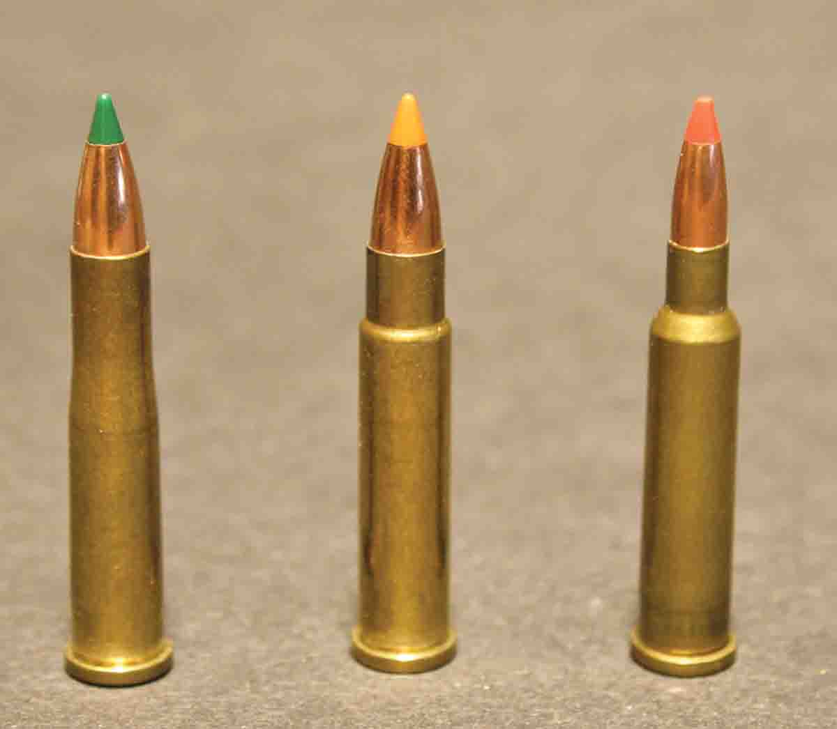The .17 Ackley Hornet (right) is essentially a necked-down version of the .22 K-Hornet (center), an “improved” version of the standard .22 Hornet (left).